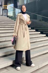 Stone Long Arm Belted Buttoned Viscose Fabric Trench Coat