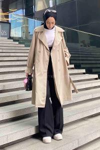 Stone Long Arm Belted Buttoned Viscose Fabric Trench Coat