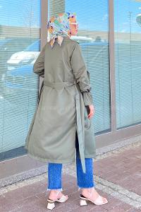 Modalamelif Beli Kuşak Bağlamalı Düğme Detaylı Trenç Haki