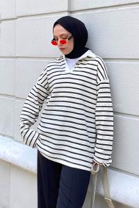 Ecru Black Shirt Collar Long Arm Unprinted Sweatshirt