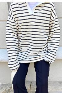 Ecru Black Shirt Collar Long Arm Unprinted Sweatshirt