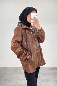 Modalamelif Kapüşonlu Yırtmaç Detaylı Deri Ceket Taba