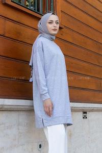 Lamelif Bisiklet Yaka Arma Detaylı Tunik Gri