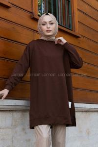 Lamelif Bisiklet Yaka Arma Detaylı Tunik Kahverengi