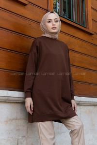 Lamelif Bisiklet Yaka Arma Detaylı Tunik Kahverengi