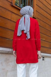 Lamelif Bisiklet Yaka Arma Detaylı Tunik Kırmızı