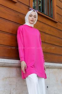 Lamelif Bisiklet Yaka Arma Detaylı Tunik Pembe