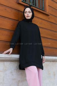 Lamelif Bisiklet Yaka Arma Detaylı Tunik Siyah
