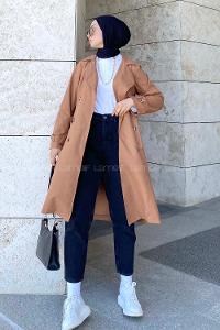 Tan Long Arm Belted Cotton Trench Coat