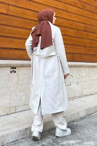 Ecru Balloon Sleeve Arm Buckle Linen Trench Coat