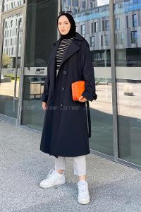 Lamelif Reglan Kol Düğmeli Trenç Siyah