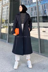 Lamelif Reglan Kol Düğmeli Trenç Siyah