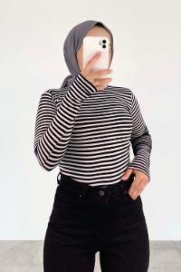 Lamelif Yarım Balıkçı Yaka Çizgili Body Siyah-Beyaz