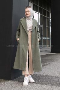 Khaki Shirt Collar Long Arm Stamp Fabric Coat