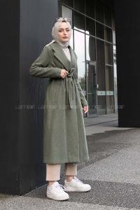 Khaki Shirt Collar Long Arm Stamp Fabric Coat