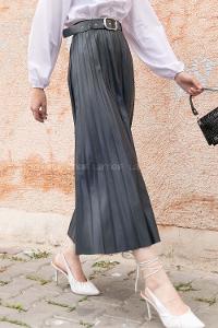 Navy Blue Faux Leather Skin Unprinted Pleated Skirt