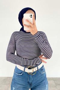 Lamelif Yarım Balıkçı Yaka Çizgili Body Lacivert-Beyaz