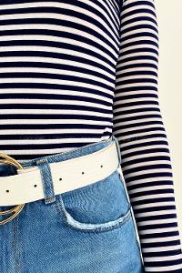 Lamelif Yarım Balıkçı Yaka Çizgili Body Lacivert-Beyaz