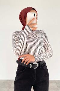 Lamelif Yarım Balıkçı Yaka İnce Çizgili Body Beyaz