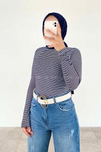 Lamelif Yarım Balıkçı Yaka İnce Çizgili Body Lacivert