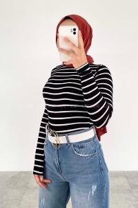 Lamelif Yarım Balıkçı Yaka Çizgili Body Siyah