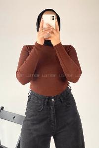 Lamelif Balıkçı Yaka Fitilli Body Acı Kahve