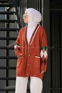 Modalamelif Çift Cepli Kol Garnili Hırka Kiremit