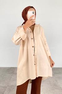 Modalamelif Kapaklı Tek Cepli Tahta Düğmeli Gömlek Bej