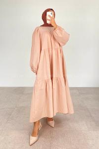 Modalamelif Poplin Uzun Balon Kol Elbise Taş Renk