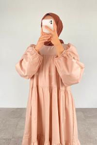 Modalamelif Poplin Uzun Balon Kol Elbise Taş Renk