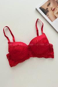 Lamelif Ebru Destekli Slikonlu Kulaklı Yarı Dantel Sütyen Kırmızı Renk