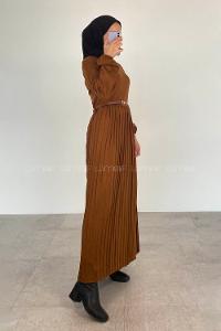 Modalamelif Eteği Piliseli Beli Kemer Detaylı Triko Elbise Kahverengi