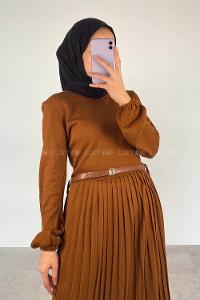 Modalamelif Eteği Piliseli Beli Kemer Detaylı Triko Elbise Kahverengi