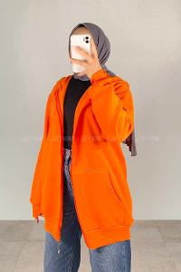 Lamelif Kapüşon Detaylı Kanguru Cepli Fermuarlı Hırka Turuncu