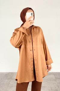 Modalamelif Kapaklı Tek Cepli Tahta Düğmeli Gömlek Taba