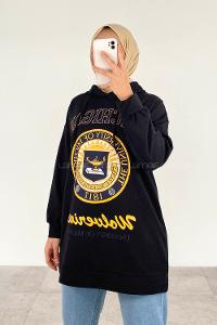 Lamelif Mıchıgan Yazı Baskılı Kapüşonlu Sweat Siyah