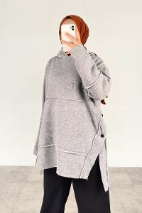 Modalamelif Yanı Düğme Detaylı Oversize Sweatshirt Gri