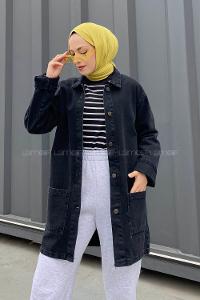 Lamelif Cepli Düğmeli Eskitme Kot Füme