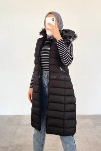 Modalamelif Kapşonlu Uzun Şişme Yelek  Siyah