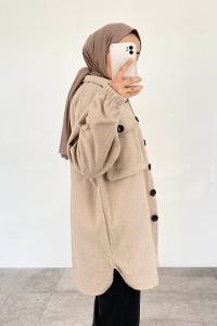 Beige Shirt Collar Long Arm Cotton Jacket
