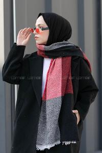 Lamelif Ekose Desen Omuz Şal Siyah-Kırmızı