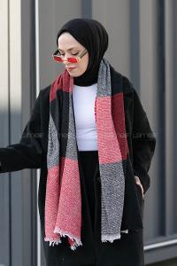 Lamelif Ekose Desen Omuz Şal Siyah-Kırmızı