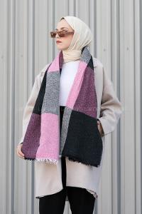 Lamelif Ekose Desen Omuz Şal Siyah-Fuşya