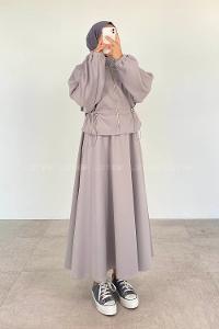 Modalamelif Kapüşonlu Fermuarlı Etekli Scuba Takım Gri