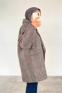 Modalamelif Düğmeli Oversize Çizgili Kaban Siyah-Fuşya