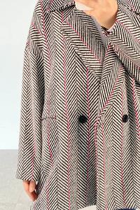 Modalamelif Düğmeli Oversize Çizgili Kaban Siyah-Fuşya