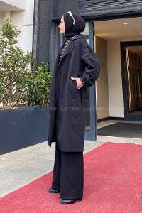 Lamelif Balon Kol Kuşaklı Trençkot Siyah