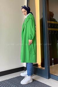 Lamelif Balon Kol Kuşaklı Trençkot Yeşil