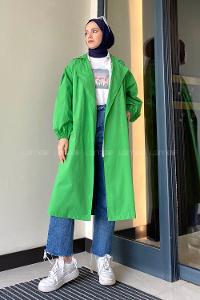 Lamelif Balon Kol Kuşaklı Trençkot Yeşil