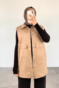 Lamelif Önü Çıtçıt Düğmeli Yelek Bej